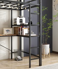Twin Size Loft Bed with L Shaped Desk and Shelves