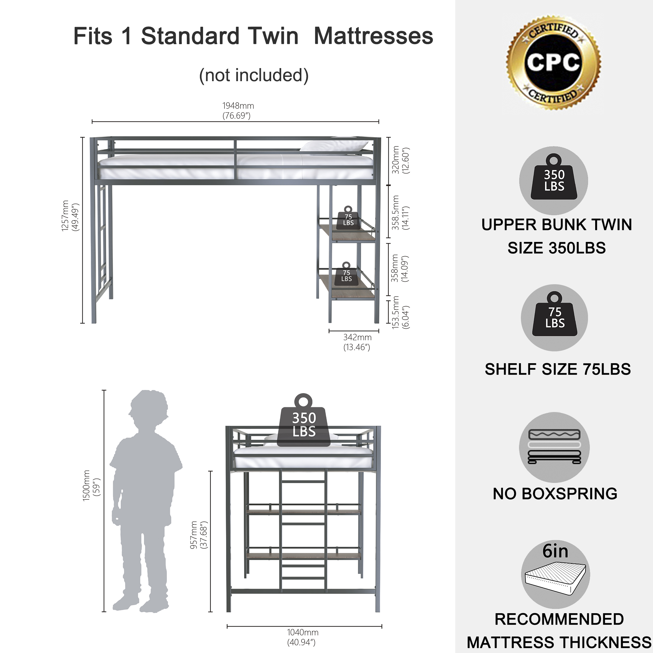 Twin Loft Bed With Cinnamon Wood Shelf