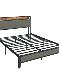 Full Size Bed Frame with Charging Station, Upholstered Headboard