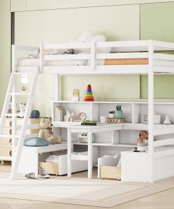 Twin Loft Bed With Storage Shelves, Drawers, Seat and Desk