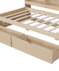 Twin Size Bed Frame With Side Bookshelves, Two Drawers, and Built-in USB Port