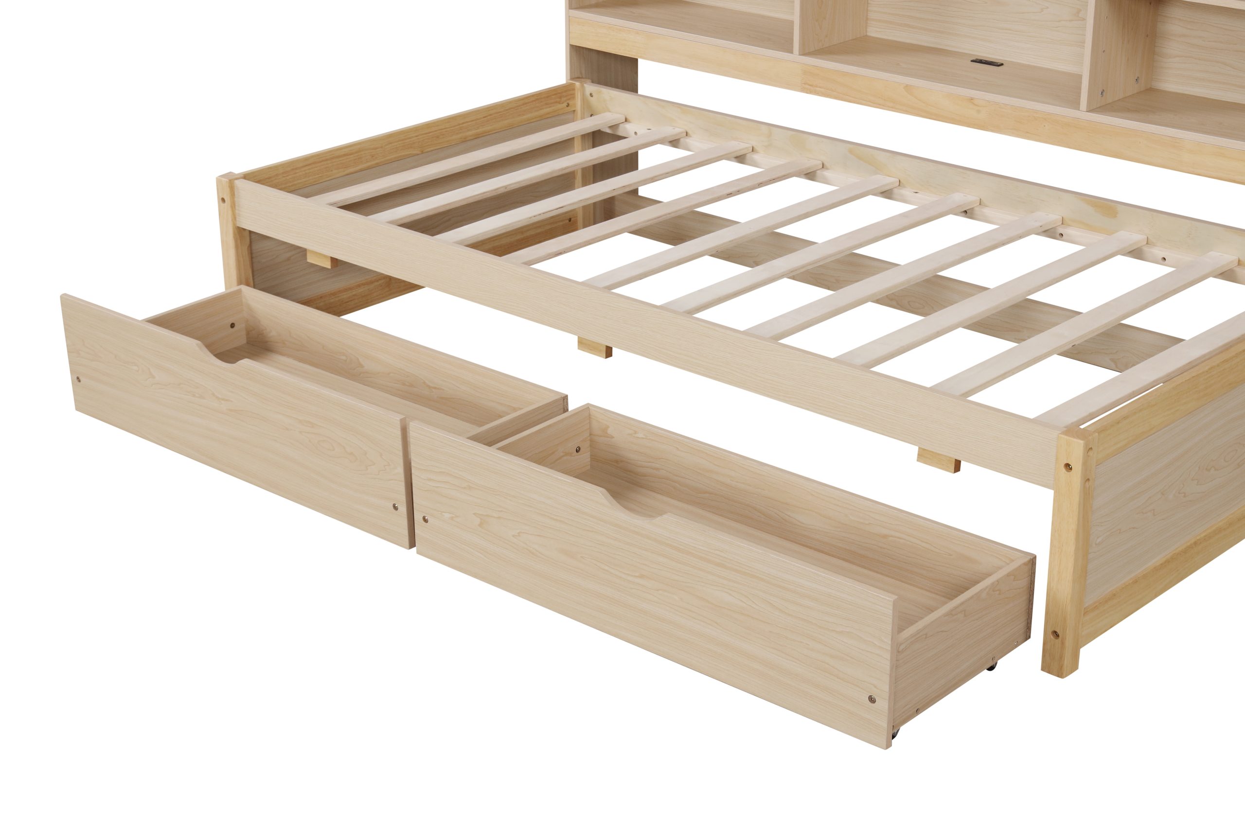 Twin Size Bed Frame With Side Bookshelves, Two Drawers, and Built-in USB Port