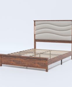 Wood Queen Size Bed Frame with Upholstered Headboard