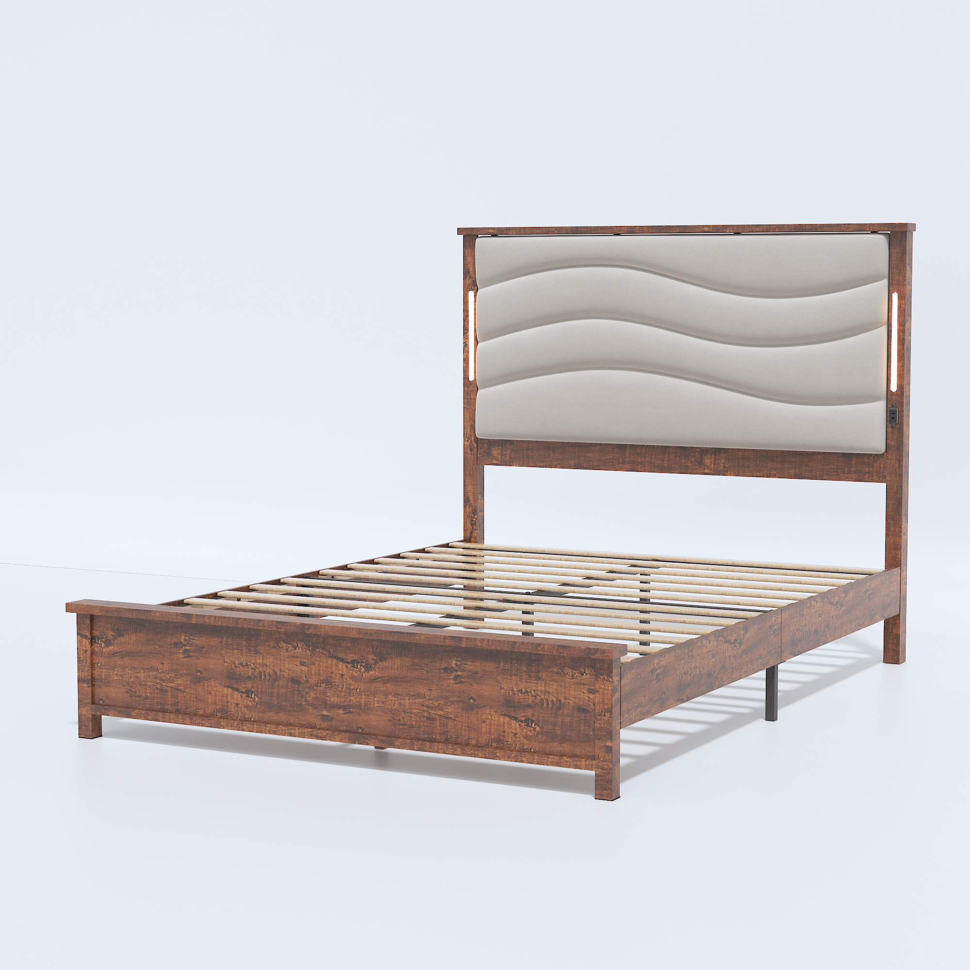Wood Queen Size Bed Frame with Upholstered Headboard