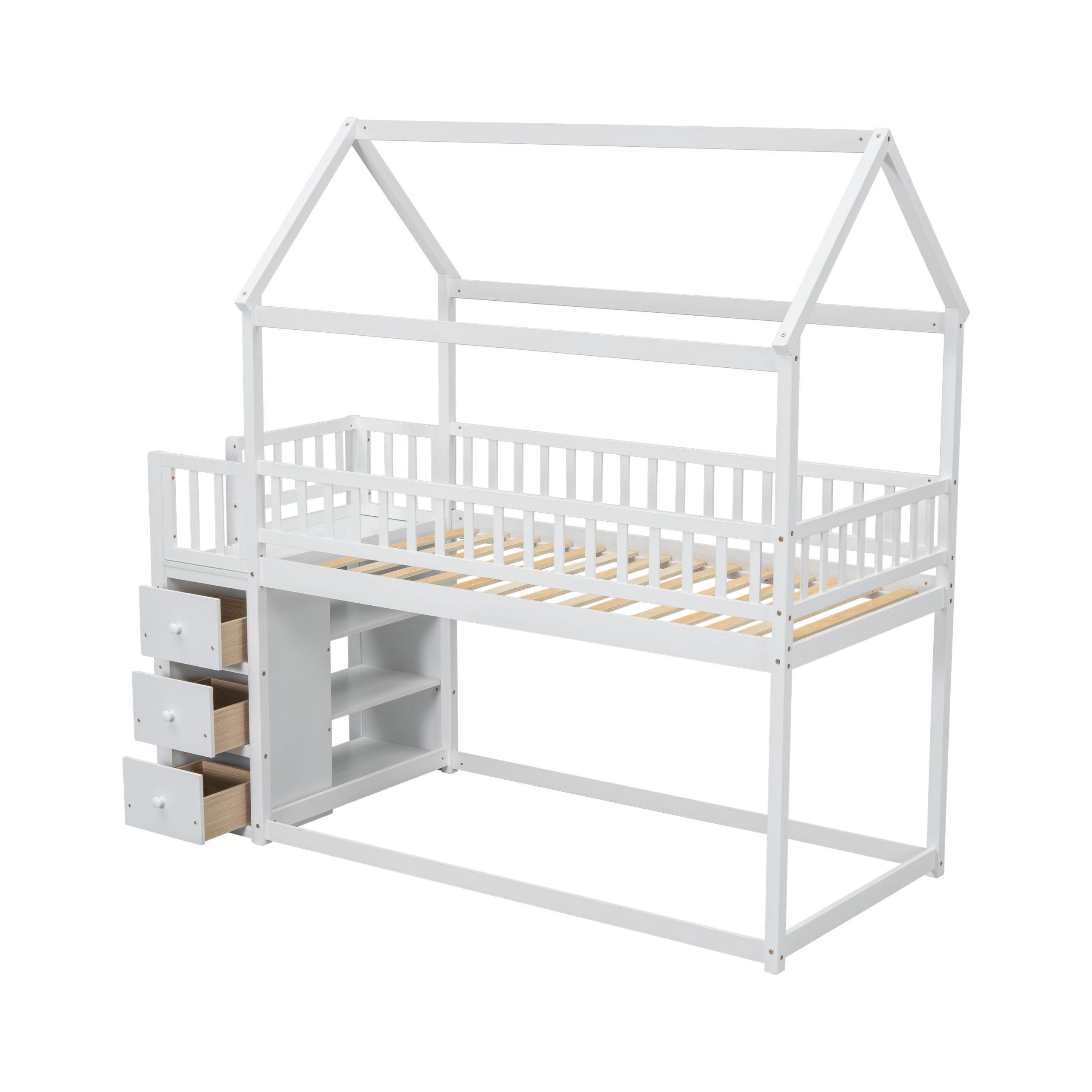 Twin over Twin House Bunk Bed With Shelves and Drawers