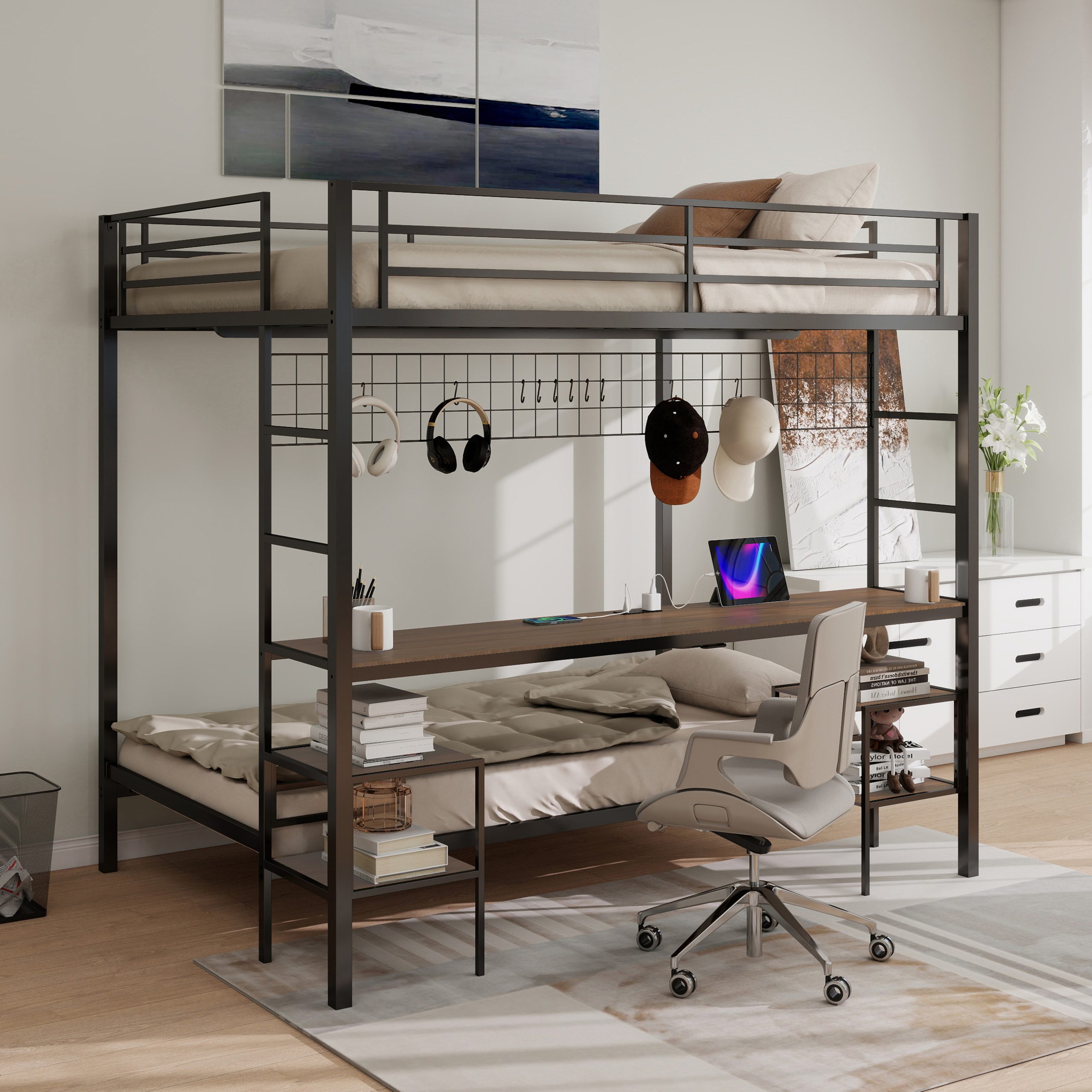 Ethan Full Over Twin Bunk Bed with Desk, Charging Station and Storage Shelves