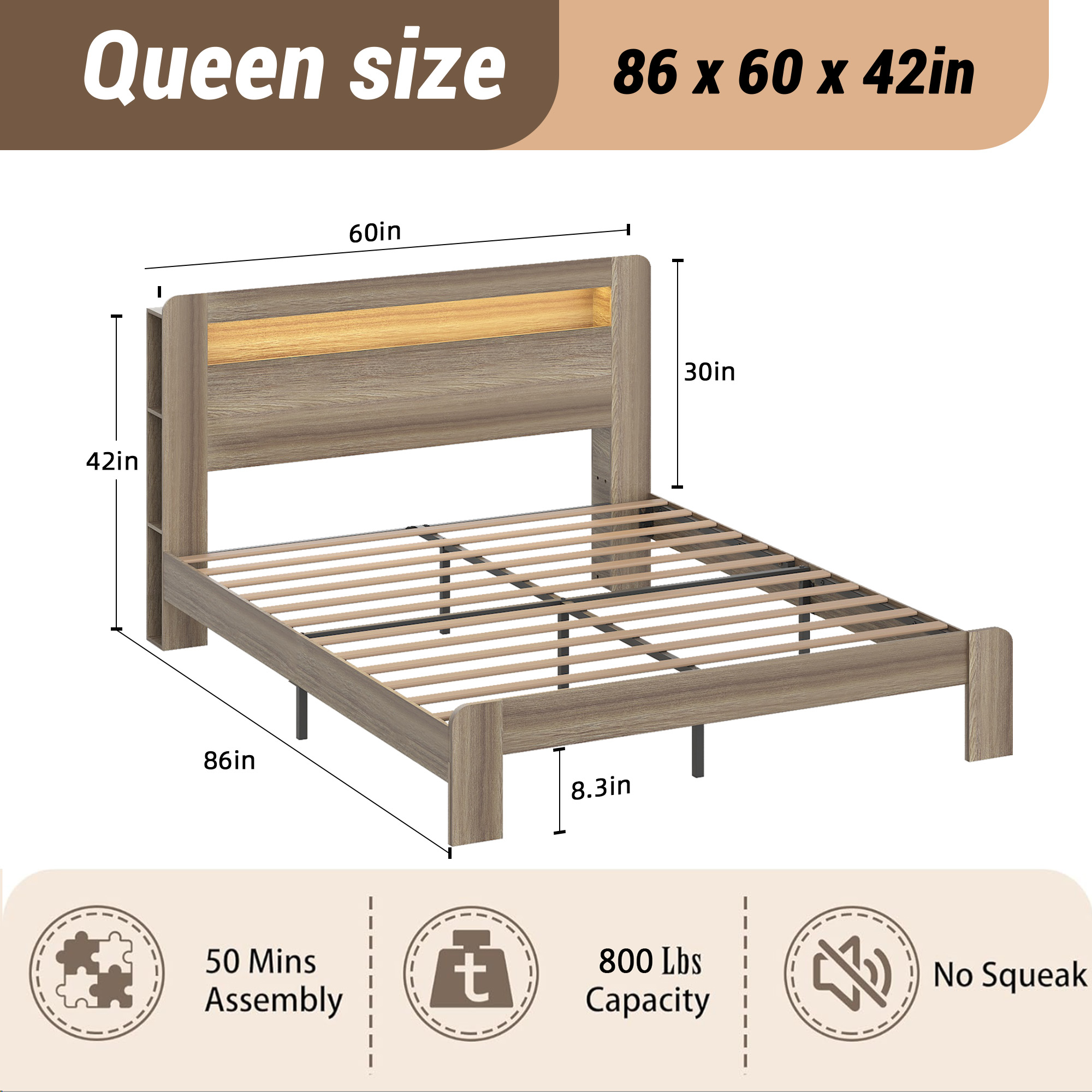Queen Size Bed Frame with Large Under Bed Storage