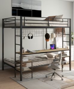 Ethan Full Over Twin Bunk Bed with Desk, Charging Station and Storage Shelves