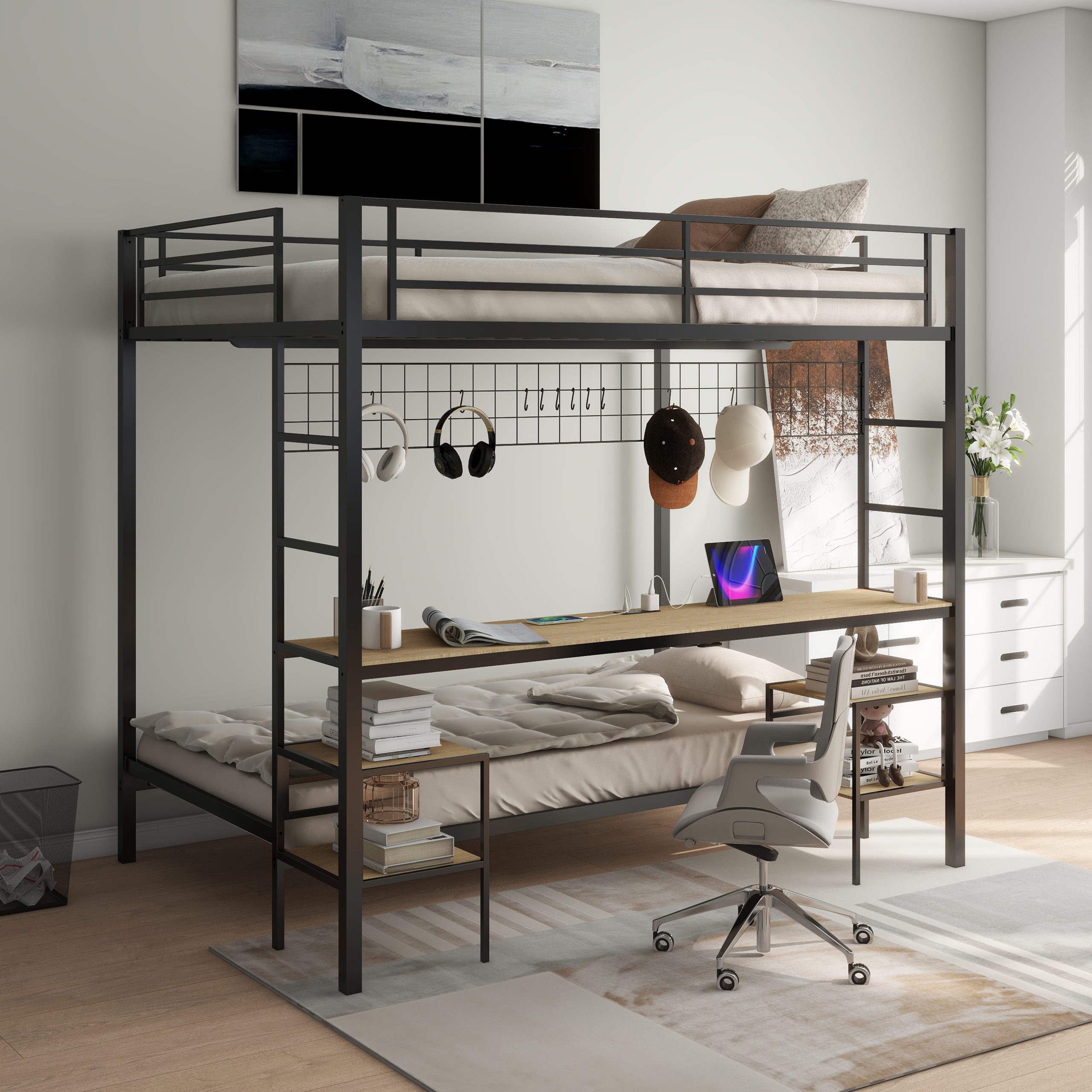 Ethan Full Over Twin Bunk Bed with Desk, Charging Station and Storage Shelves