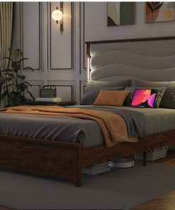 Wood Queen Size Bed Frame with Upholstered Headboard