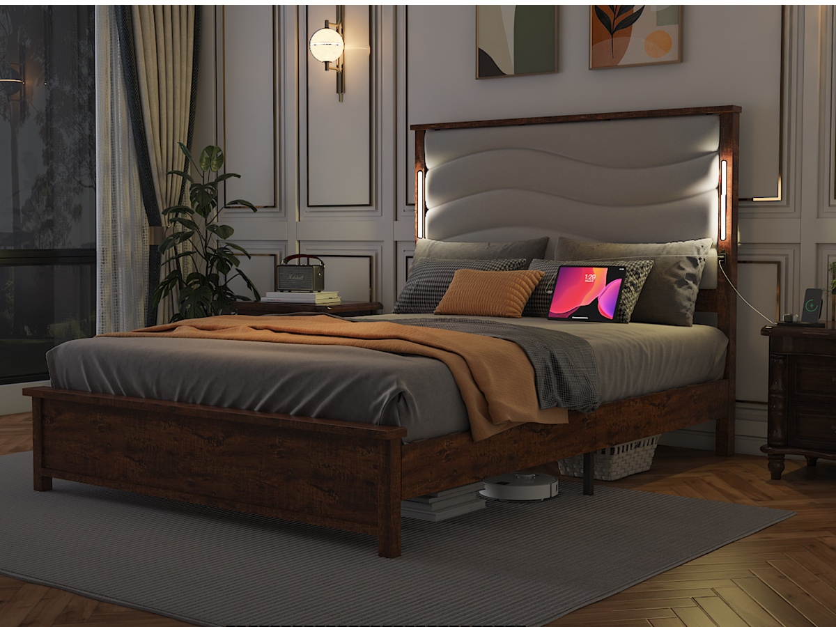 Wood Queen Size Bed Frame with Upholstered Headboard