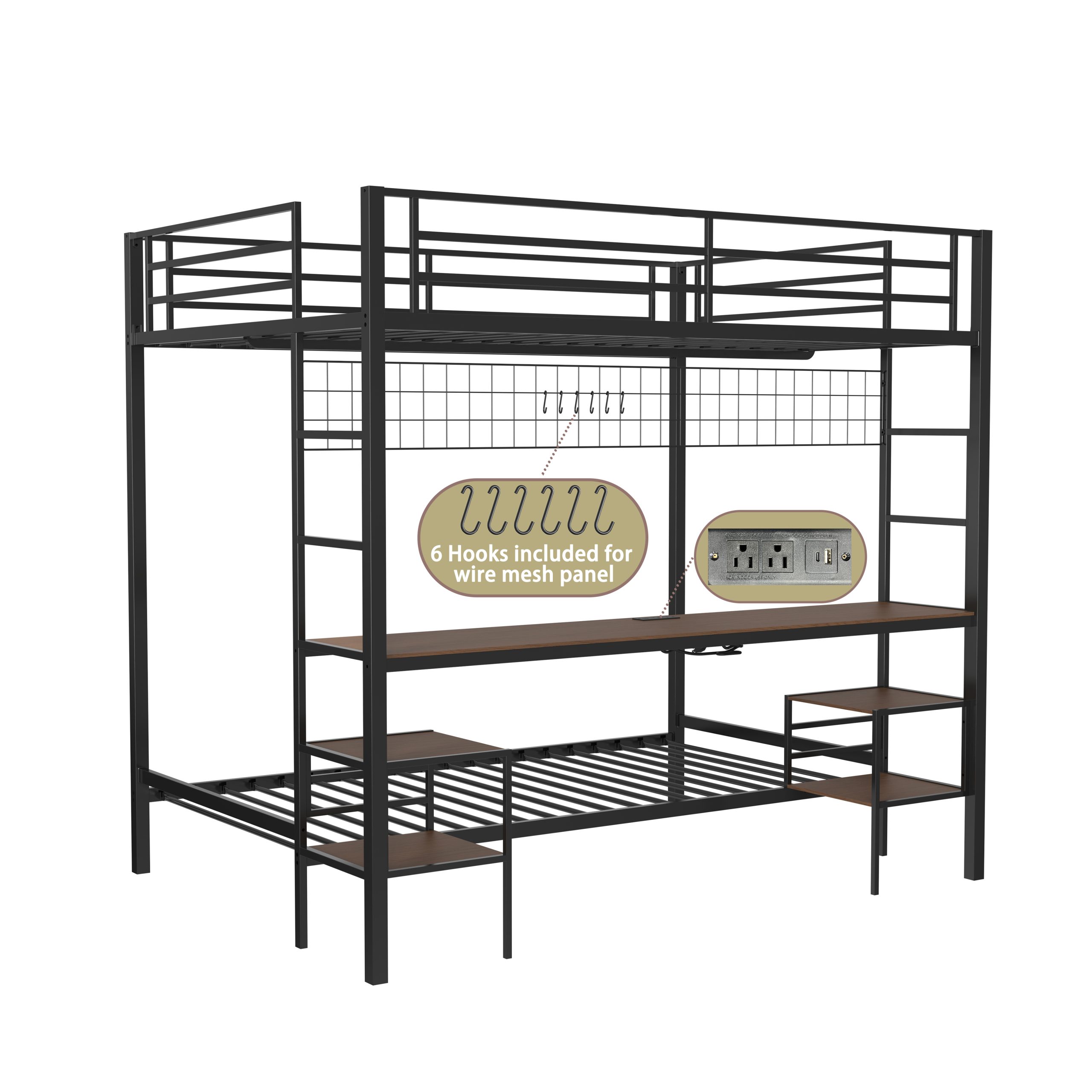 Ethan Full Over Twin Bunk Bed with Desk, Charging Station and Storage Shelves
