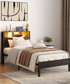 Metal Twin Size Bed Frame With Storage Headboard