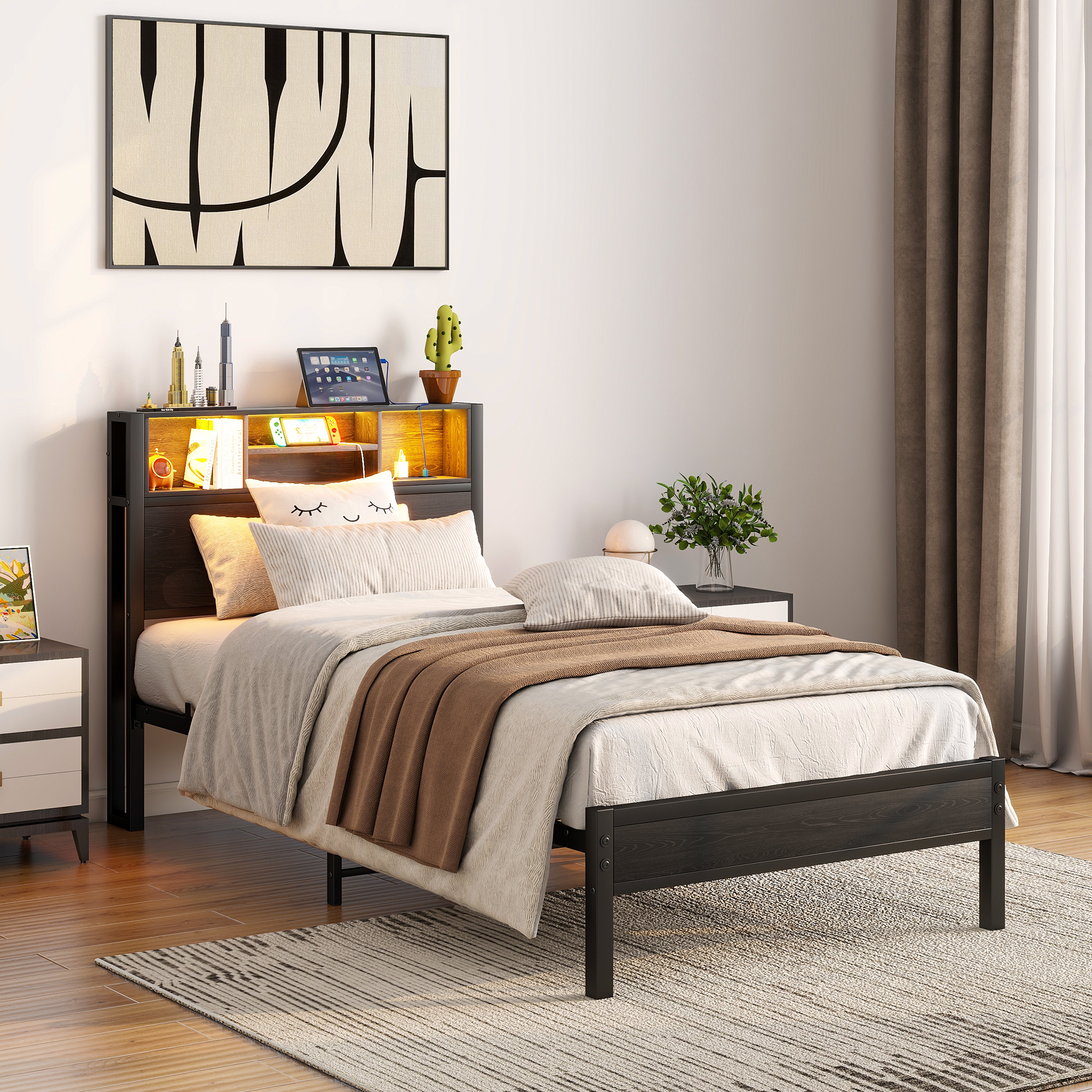 Metal Twin Size Bed Frame With Storage Headboard