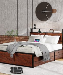 Queen Bed Frame with Storage Headboard and 12 Drawers LED Lights