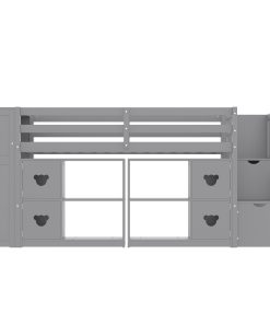 Twin Size Low Loft Bed With Shelves, Storage Headboard, and Stair