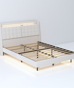 King Floating Bed Frame with LED Light and Charging Station