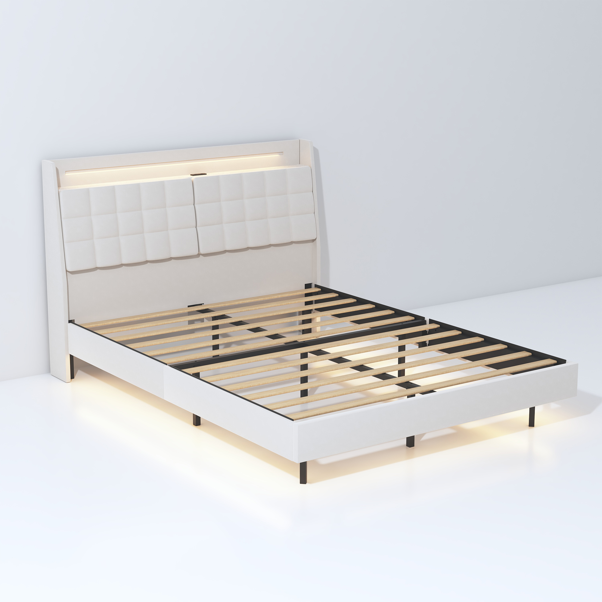 King Floating Bed Frame with LED Light and Charging Station
