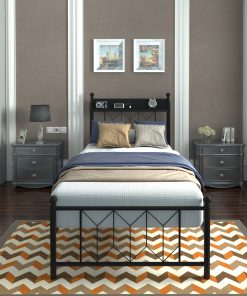 Twin Bed Frames with Headboard, Charging Station and  LED Light