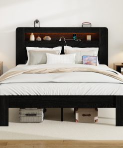 King Size Wood Platform Bed Frame With Storage LED Light Headboard
