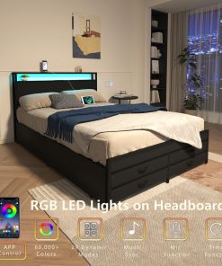 Queen Size Bed Frame with 8 Storage Drawers, LED Headboard