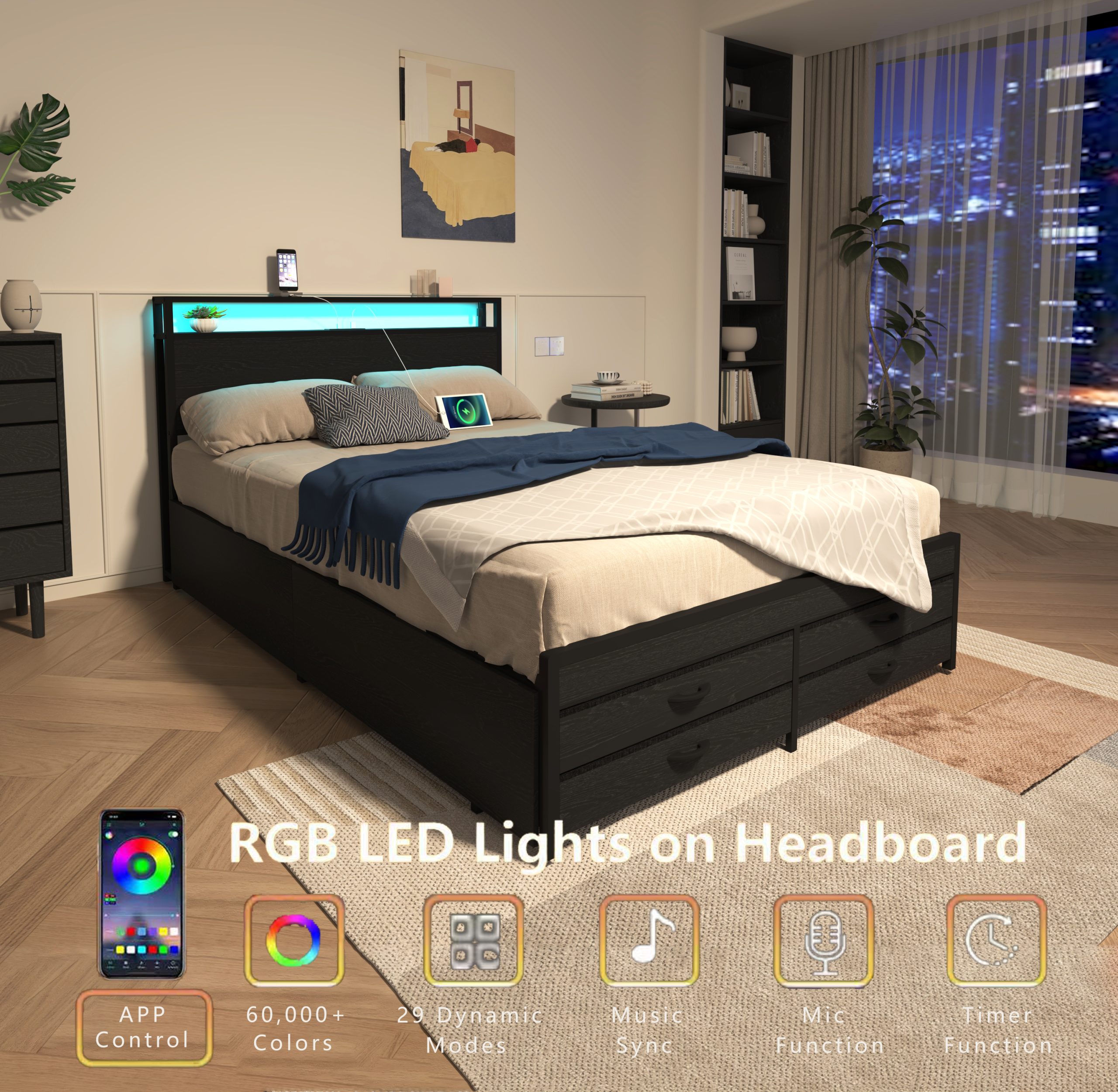 Full Size Bed Frame with 8 Storage Drawers, LED Headboard