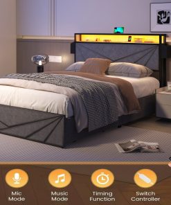 Full Bed Frame with Storage Headboard and Charging Station