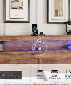 Queen Size Wood Platform Bed Frame With Storage LED Light Headboard