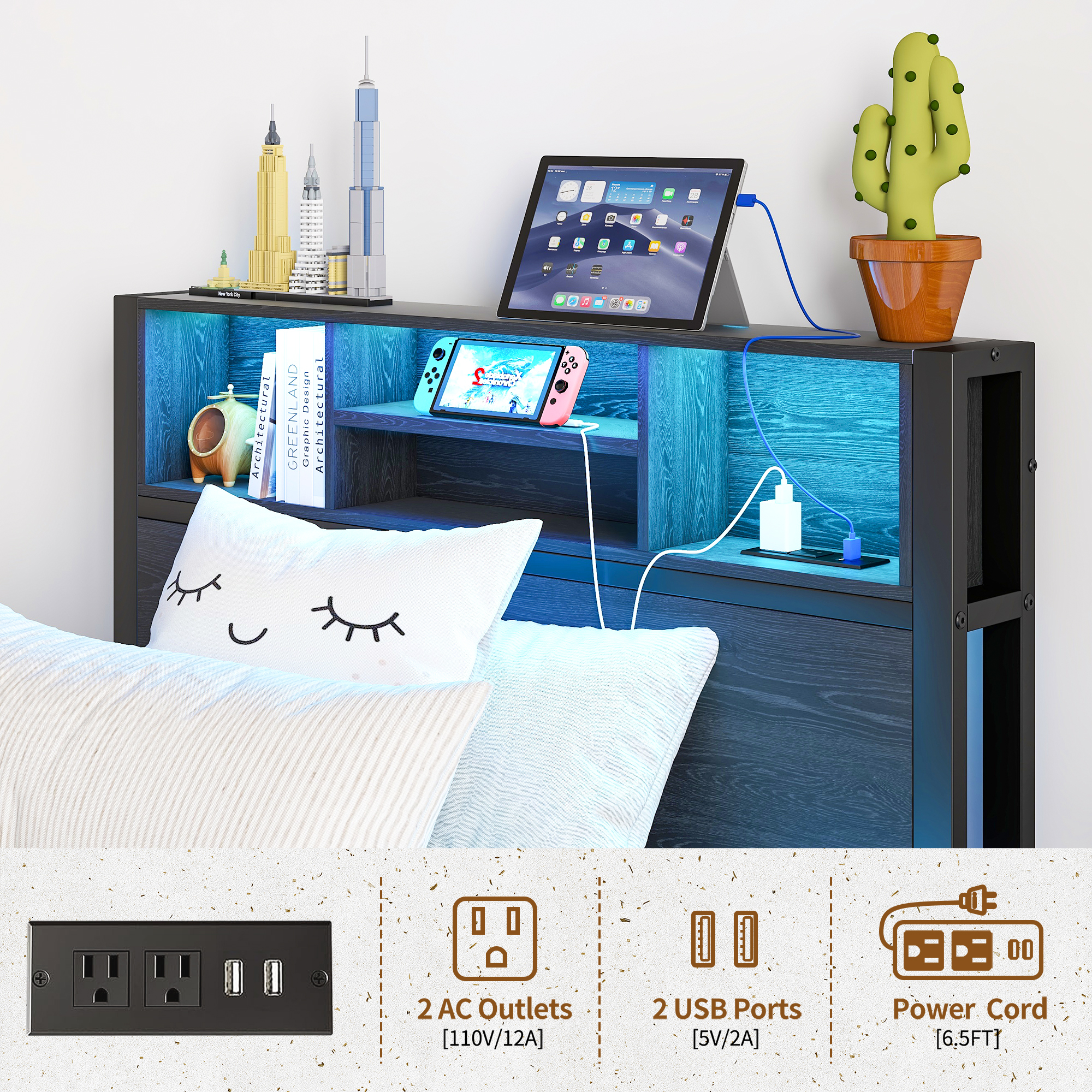 Metal Twin Size Bed Frame With Storage Headboard