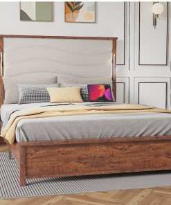 Wood Queen Size Bed Frame with Upholstered Headboard