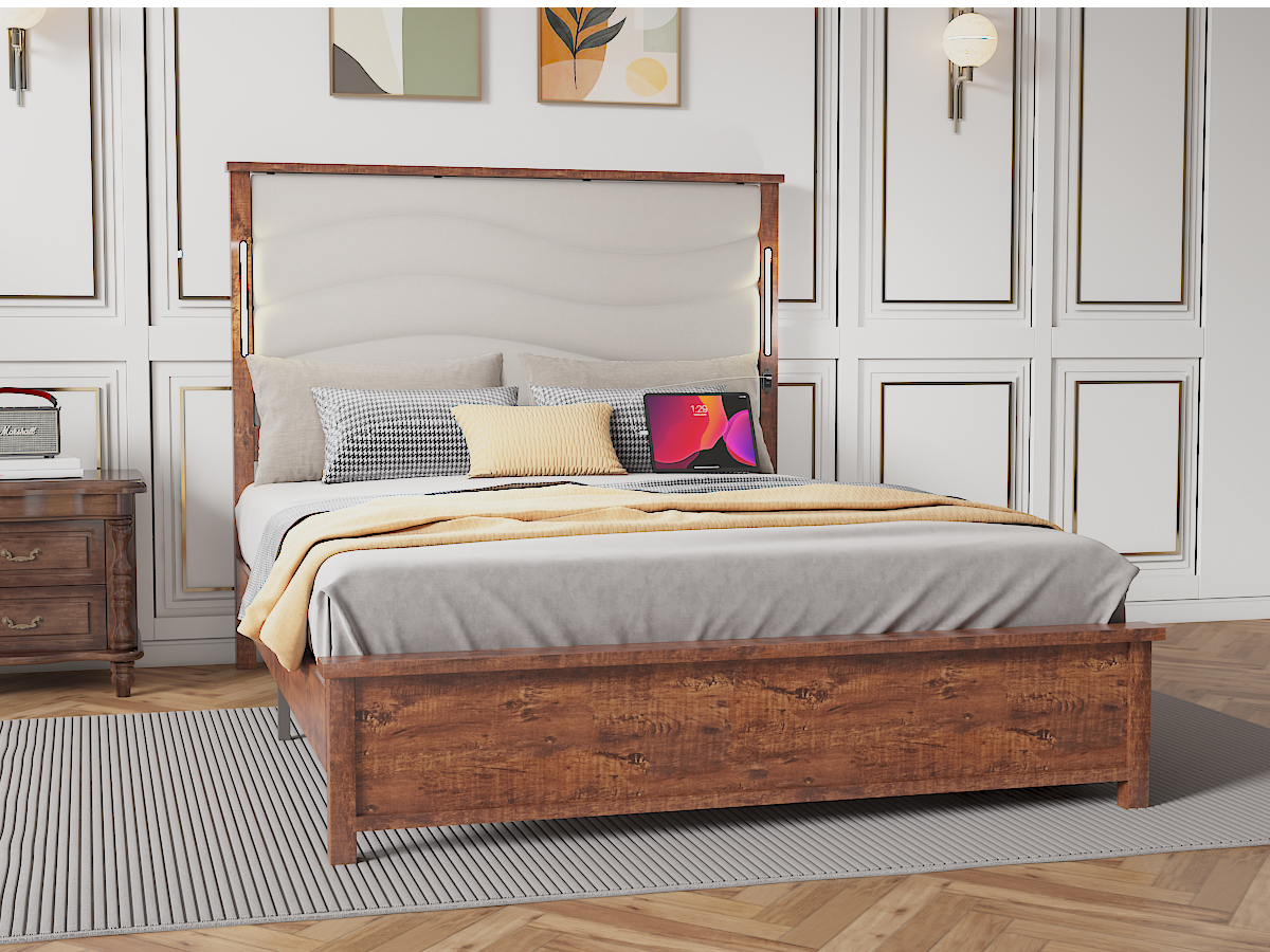 Wood Queen Size Bed Frame with Upholstered Headboard