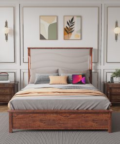 Wood Queen Size Bed Frame with Upholstered Headboard