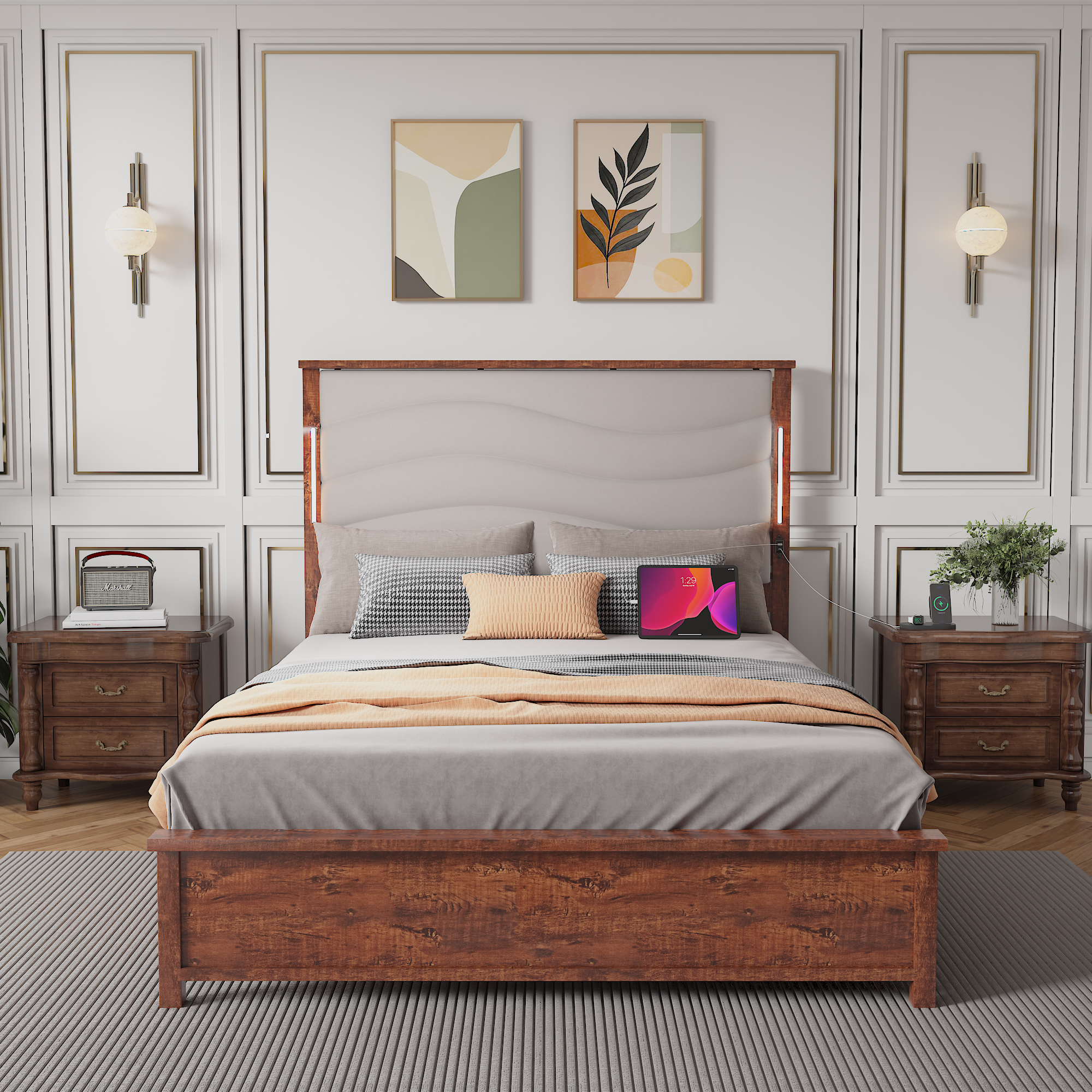 Wood Queen Size Bed Frame with Upholstered Headboard