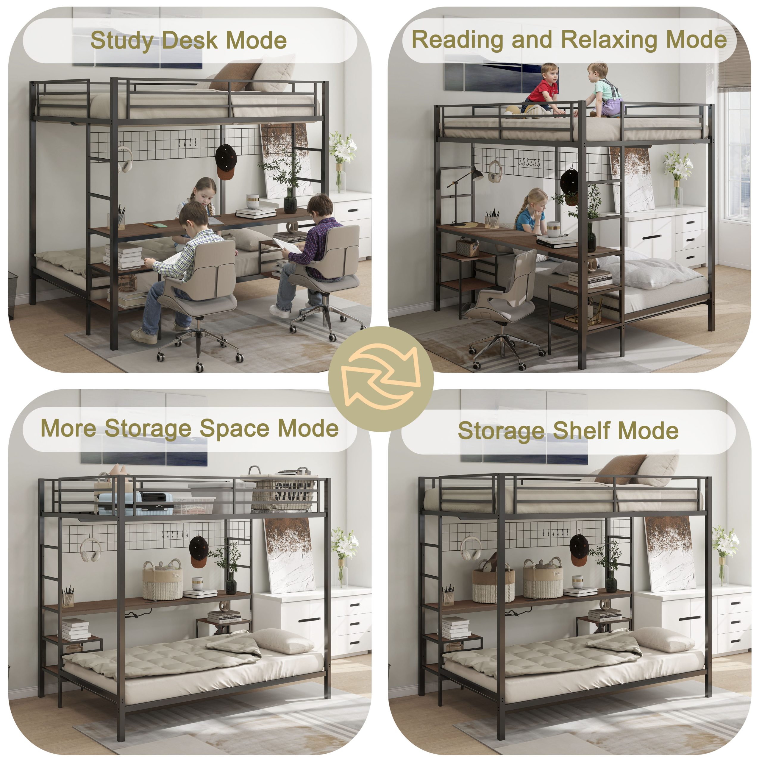 Ethan Full Over Twin Bunk Bed with Desk, Charging Station and Storage Shelves