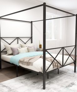 Metal Queen Size Canopy Bed Frame with X Shaped