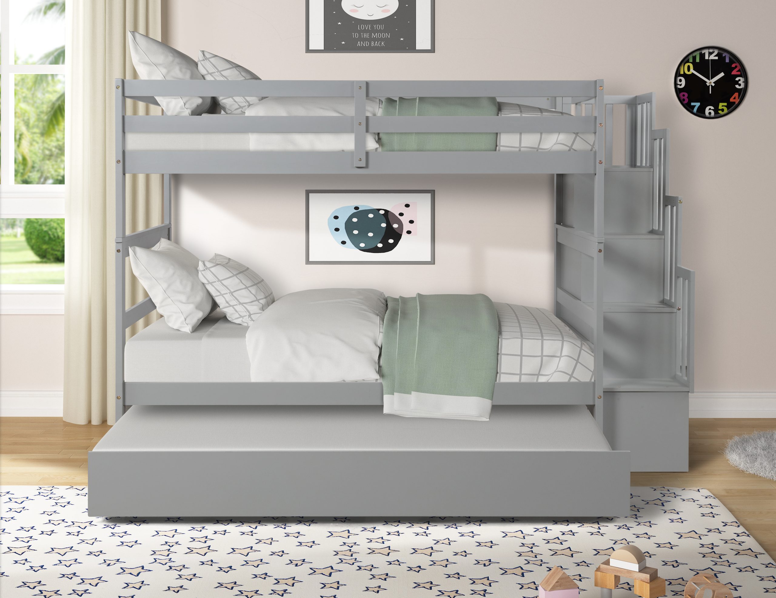 Twin over Twin Bunk Beds With Twin Trundle and Stairway Storage
