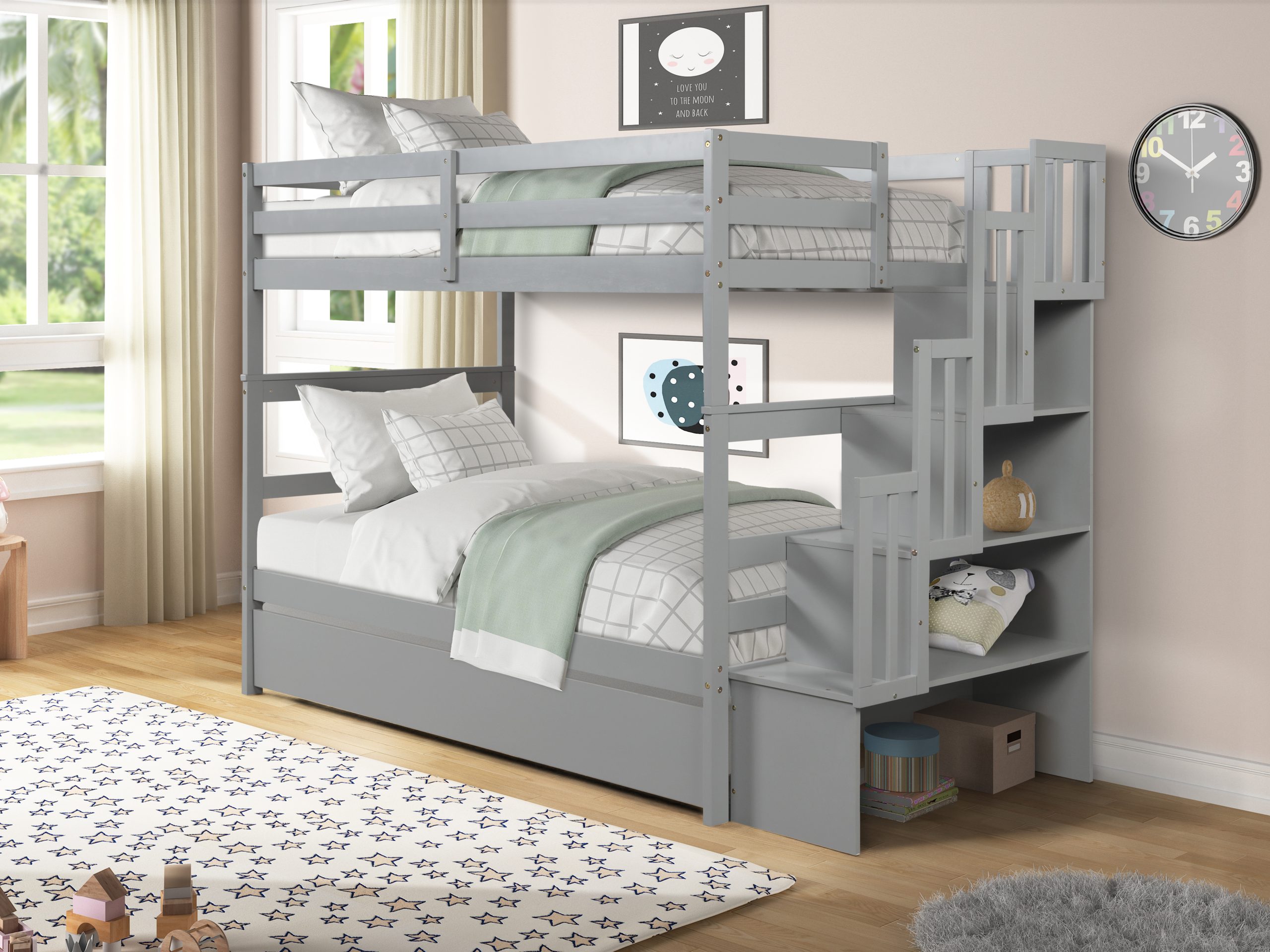 Twin over Twin Bunk Beds With Twin Trundle and Stairway Storage