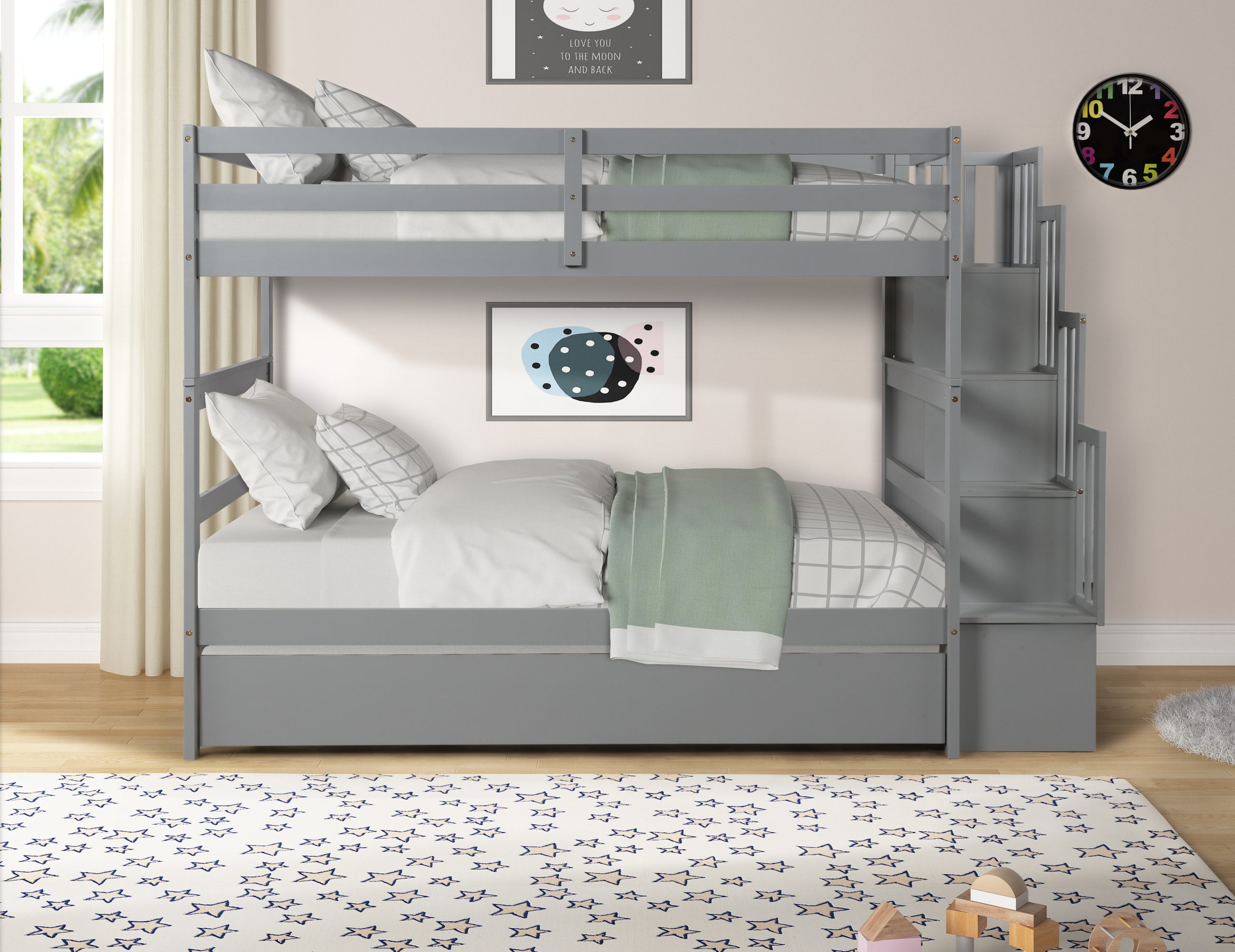 Twin over Twin Bunk Beds With Twin Trundle and Stairway Storage