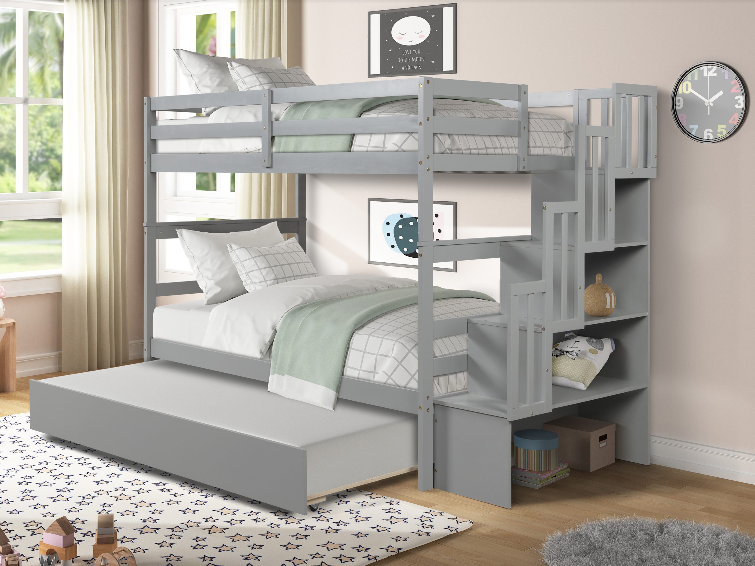 Twin over Twin Bunk Beds With Twin Trundle and Stairway Storage