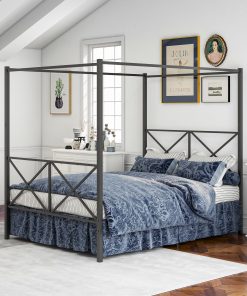 Metal Queen Size Canopy Bed Frame with X Shaped