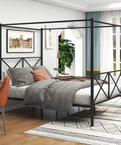 Metal Queen Size Canopy Bed Frame with X Shaped