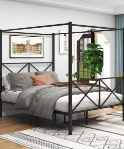 Metal Queen Size Canopy Bed Frame with X Shaped