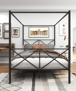 Metal Queen Size Canopy Bed Frame with X Shaped