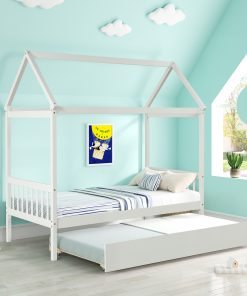Solid Wood Twin House Bed Frame with Trundle