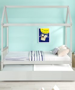 Solid Wood Twin House Bed Frame with Trundle