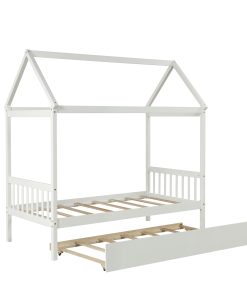 Solid Wood Twin House Bed Frame with Trundle