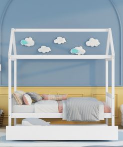 Solid Wood Twin House Bed Frame with Trundle