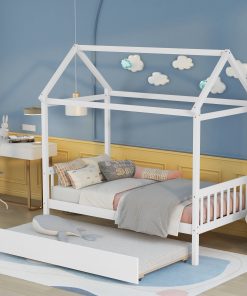 Solid Wood Twin House Bed Frame with Trundle