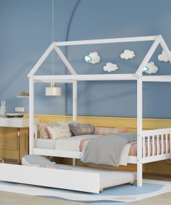 Solid Wood Twin House Bed Frame with Trundle