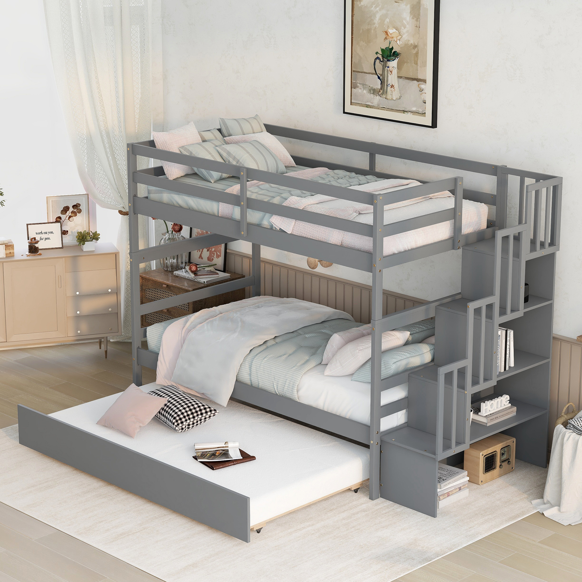 Twin over Twin Bunk Beds With Twin Trundle and Stairway Storage